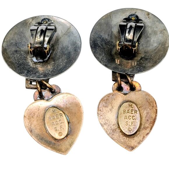 Signed Marjorie Baer SF Mixed Metal Industrial Modern Heart Dangle Clip Earrings - Picture 2 of 5
